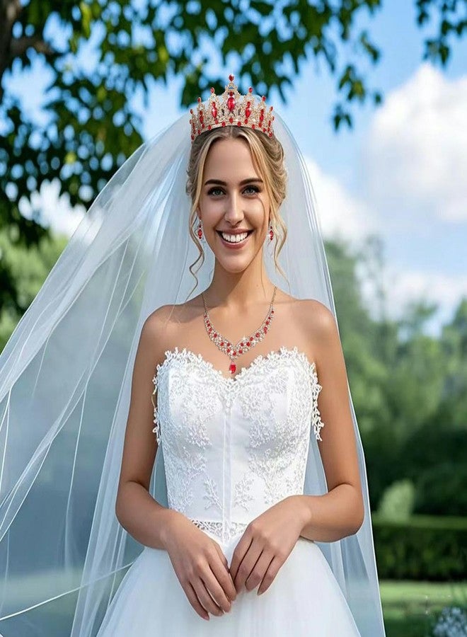 Geurlev Tiaras and Crowns for Women,Tiaras Earrings Necklace, Crystal Bridal Jewelry Set (Gold Red) - Image 4